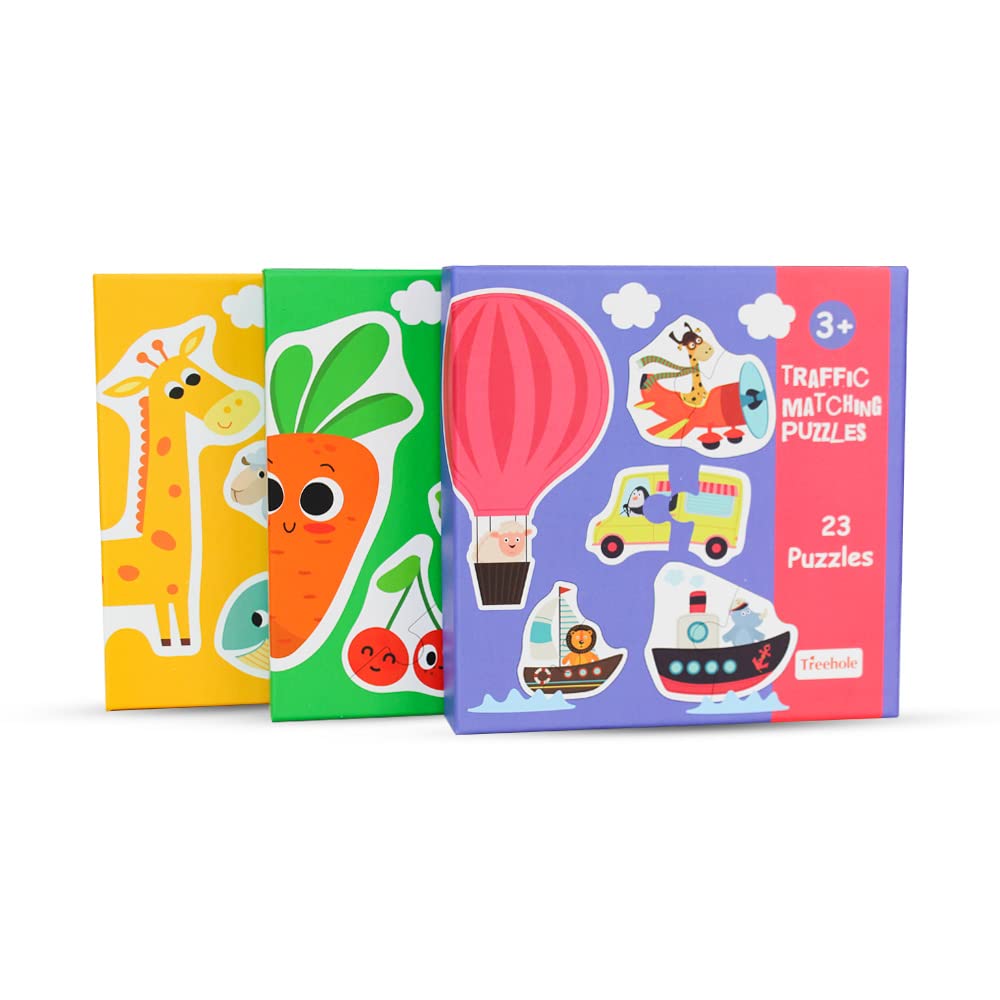 Fidtoy Themed Box of 23 Puzzles – Beginner Matching Jigsaw Puzzle Set for Kids, Animals, Vehicles, Fruits & Vegetables