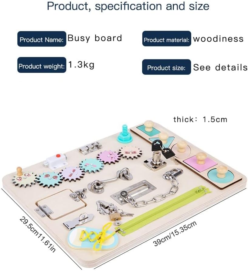 Ghopy Wooden Busy Board for Toddlers Montessori Sensory Toy Toddler Sensory Board Activity Board Preschool Educational Learning Toy with Lacing Sorter Gears Zipper Lock for Kids Birthday