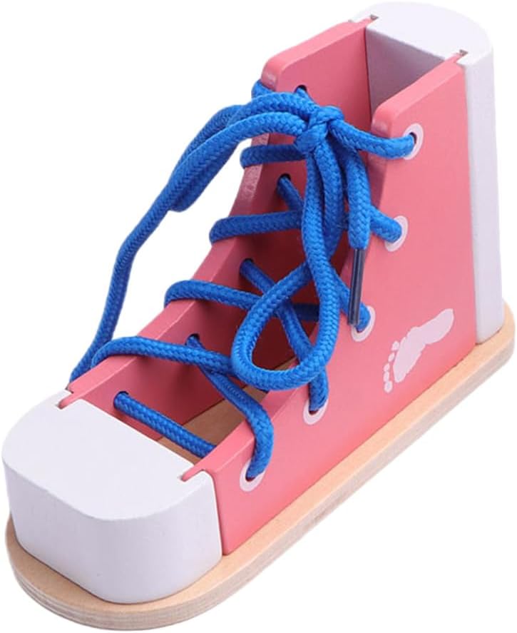 NUOBESTY Learn to Tie Shoes Wooden Lacing Shoe Toy Shoelaces Tying Toy Teaching Kit for Kids, Pink