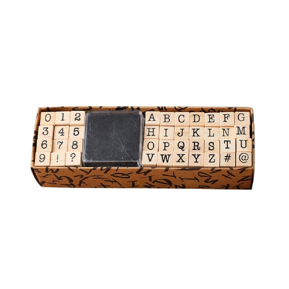 Set de sellos de madera con números y letras y almohadilla de tinta - 40 piezas