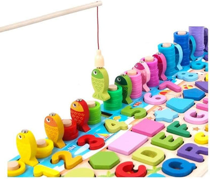 Montessori Toys - 6 in 1 Wooden Blocks Logarithmic Puzzle Board - Educational Kids Toy For Learning Alphabets, Numbers, Shapes, Colors & Math - A Fishing Game For 2, 3, 4 & 5 Years Old Baby