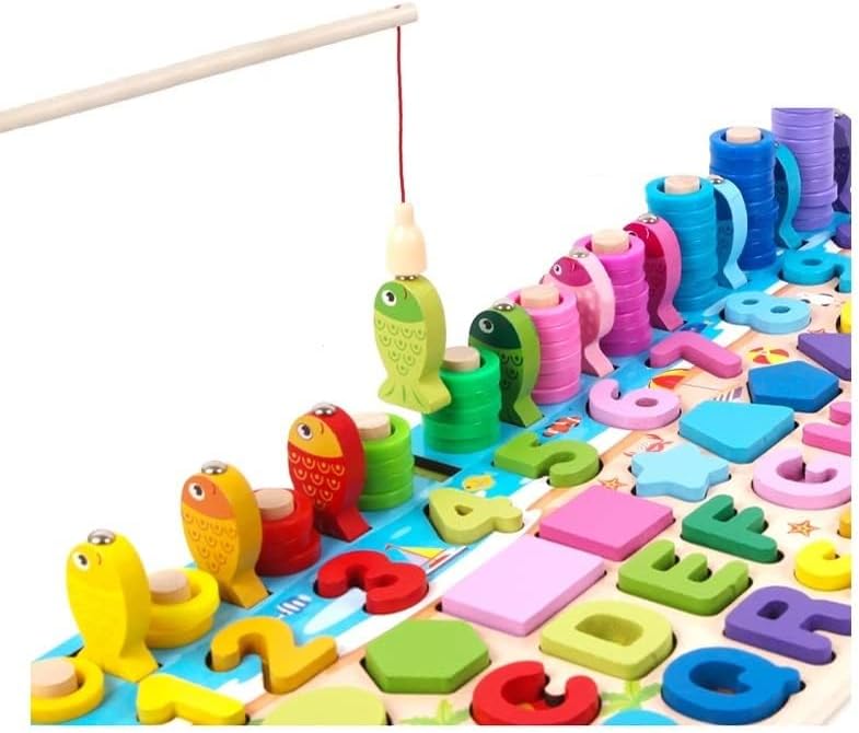 Montessori Toys - 6 in 1 Wooden Blocks Logarithmic Puzzle Board - Educational Kids Toy For Learning Alphabets, Numbers, Shapes, Colors & Math - A Fishing Game For 2, 3, 4 & 5 Years Old Baby