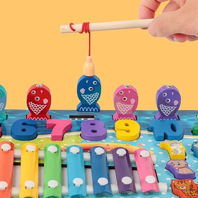 MontyMaestro - Wooden Busy Board with Number Puzzle for Kids Fishing Game Animal Puzzle Animal Food Puzzle Xylophone for Kids_ Activity Toy for Kid Early Educational Toy for Age 1-4 Years
