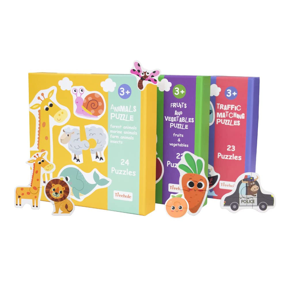 Fidtoy Themed Box of 23 Puzzles – Beginner Matching Jigsaw Puzzle Set for Kids, Animals, Vehicles, Fruits & Vegetables