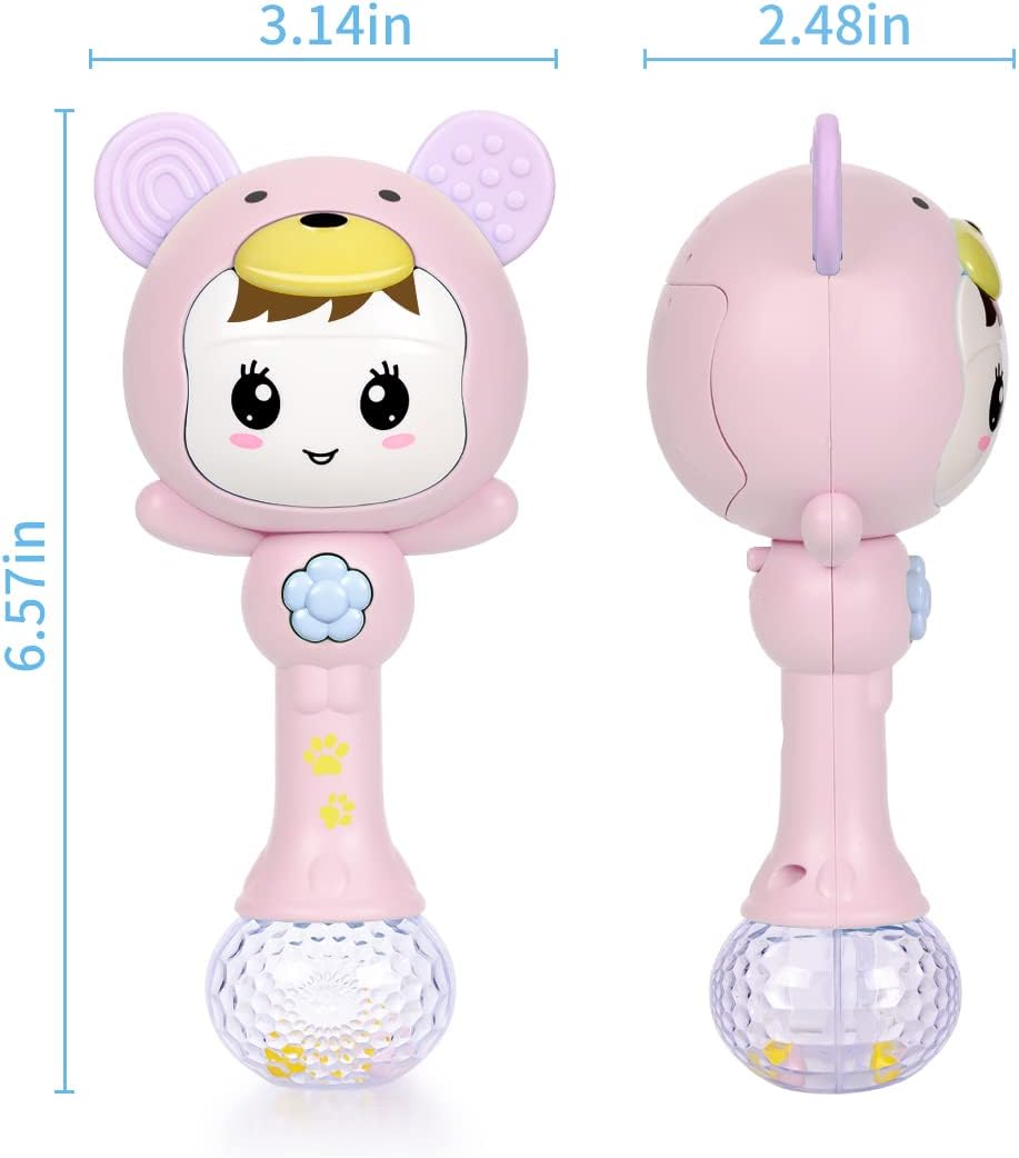 Fidtoy Light Up Musical Baby Rattle Teether Toy – Pink Sensory Rattle with Lights, Sounds, Teething Ears, and Early Development Play