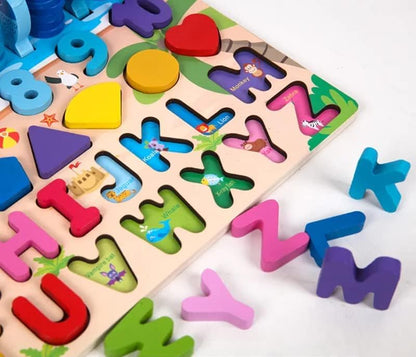 Montessori Toys - 6 in 1 Wooden Blocks Logarithmic Puzzle Board - Educational Kids Toy For Learning Alphabets, Numbers, Shapes, Colors & Math - A Fishing Game For 2, 3, 4 & 5 Years Old Baby