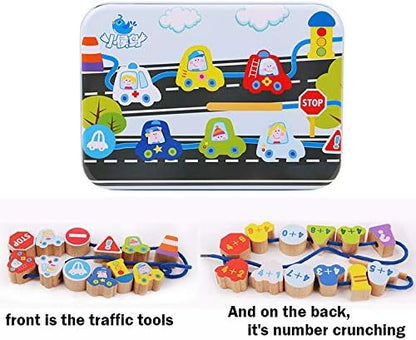 CenYouful Lacing Toy Wooden Block Set, Early Educational Toys String & Lacing Beads Games for Toddlers & Kids, 12 Pieces (Traffic Tools)