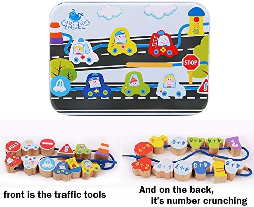 CenYouful Lacing Toy Wooden Block Set, Early Educational Toys String & Lacing Beads Games for Toddlers & Kids, 12 Pieces (Traffic Tools)