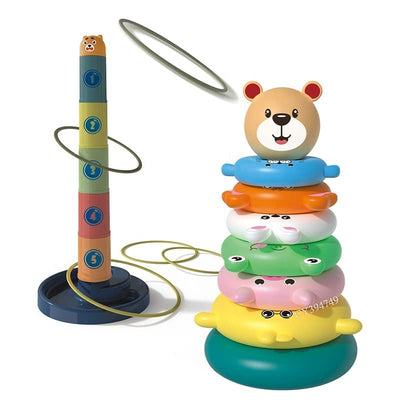 Fidtoy 2in1 Stacking Cups and Ring Tower Play Set, Plastic Stacking Cups Nesting Toy and Ring Tower, Fine Motor Color Learning Toy Ages 6+