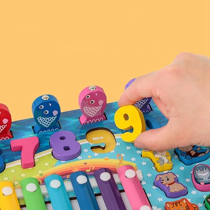 MontyMaestro - Wooden Busy Board with Number Puzzle for Kids Fishing Game Animal Puzzle Animal Food Puzzle Xylophone for Kids_ Activity Toy for Kid Early Educational Toy for Age 1-4 Years