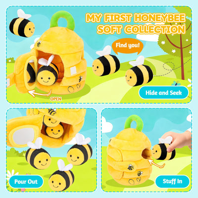 Mon premier coffret de jeu interactif en peluche L'Abeille et sa Ruche - 5 abeilles en peluche et une ruche compressible - Jouet Montessori d'éveil pour bébés et tout-petits de 1 à 3 ans