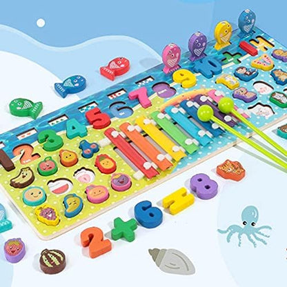 MontyMaestro - Wooden Busy Board with Number Puzzle for Kids Fishing Game Animal Puzzle Animal Food Puzzle Xylophone for Kids_ Activity Toy for Kid Early Educational Toy for Age 1-4 Years