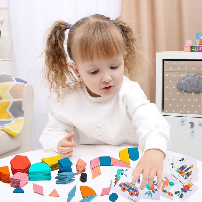 Juego de Puzle de Tangram de Madera Fidtoy con 180 Bloques y Tarjetas