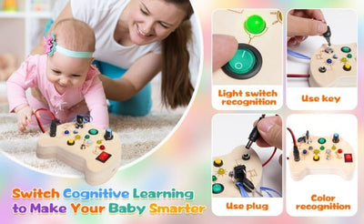 Montessori Toddler Busy Board, Baby Wooden Busy Board with 7 LED Lights Toggle Sensory Switches, Educational Travel Development Toy Gift for 3+ Year Old Babies Toddlers Autistic Children