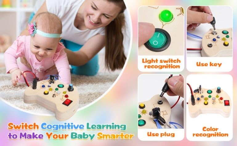 Montessori Toddler Busy Board, Baby Wooden Busy Board with 7 LED Lights Toggle Sensory Switches, Educational Travel Development Toy Gift for 3+ Year Old Babies Toddlers Autistic Children