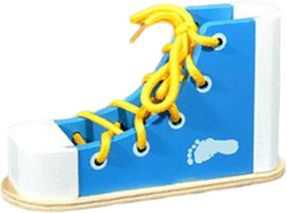 Almencla Wooden Lacing Shoe Toy,Shoe Tying Aid Fine Motor Skills Toy Learn to Tie Shoes for Kids, Blue