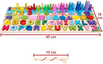 Montessori Toys - 6 in 1 Wooden Blocks Logarithmic Puzzle Board - Educational Kids Toy For Learning Alphabets, Numbers, Shapes, Colors & Math - A Fishing Game For 2, 3, 4 & 5 Years Old Baby