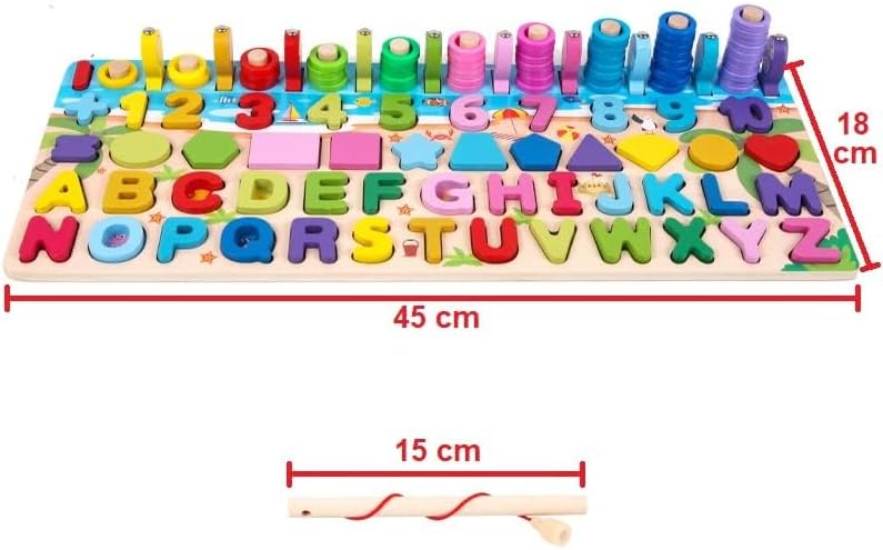 Montessori Toys - 6 in 1 Wooden Blocks Logarithmic Puzzle Board - Educational Kids Toy For Learning Alphabets, Numbers, Shapes, Colors & Math - A Fishing Game For 2, 3, 4 & 5 Years Old Baby