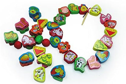 63 Piece Colorful Wood Animal Pair On The Rope Lacing Beads Early Teaching Toy