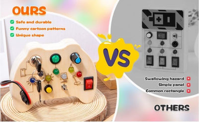 Montessori Toddler Busy Board, Baby Wooden Busy Board with 7 LED Lights Toggle Sensory Switches, Educational Travel Development Toy Gift for 3+ Year Old Babies Toddlers Autistic Children
