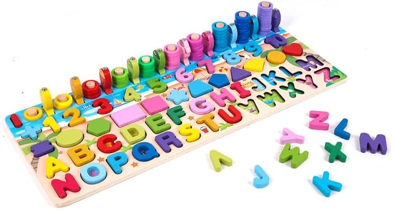 Montessori Toys - 6 in 1 Wooden Blocks Logarithmic Puzzle Board - Educational Kids Toy For Learning Alphabets, Numbers, Shapes, Colors & Math - A Fishing Game For 2, 3, 4 & 5 Years Old Baby