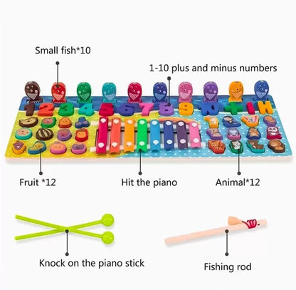 MontyMaestro - Wooden Busy Board with Number Puzzle for Kids Fishing Game Animal Puzzle Animal Food Puzzle Xylophone for Kids_ Activity Toy for Kid Early Educational Toy for Age 1-4 Years