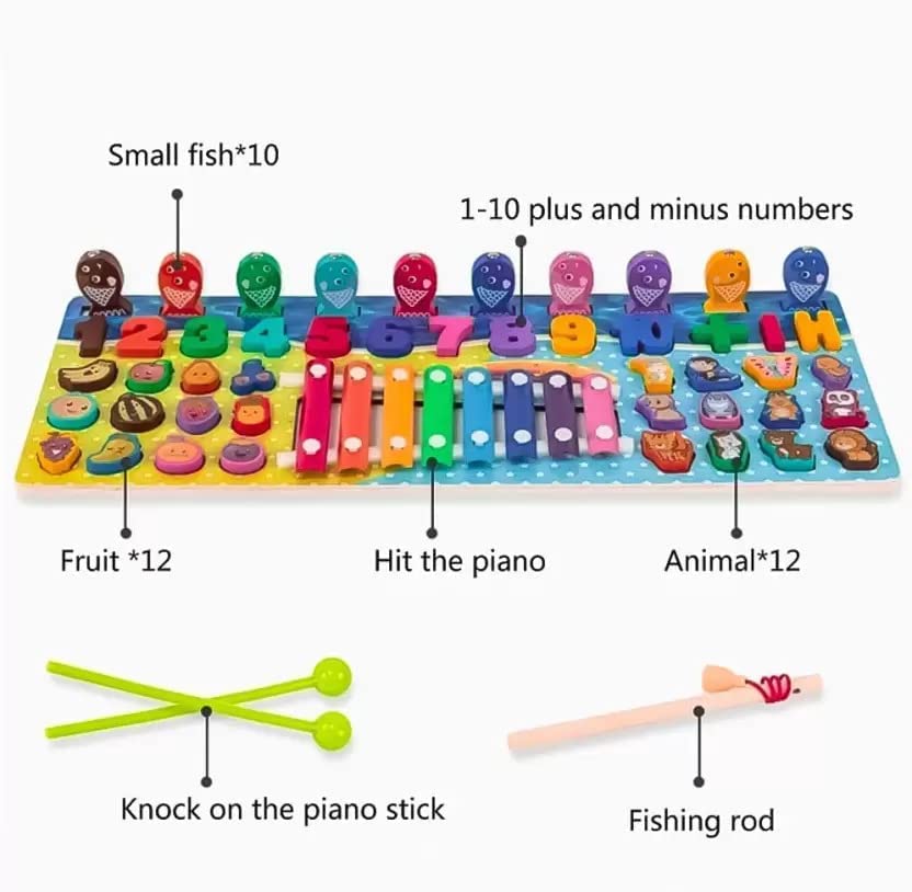 MontyMaestro - Wooden Busy Board with Number Puzzle for Kids Fishing Game Animal Puzzle Animal Food Puzzle Xylophone for Kids_ Activity Toy for Kid Early Educational Toy for Age 1-4 Years