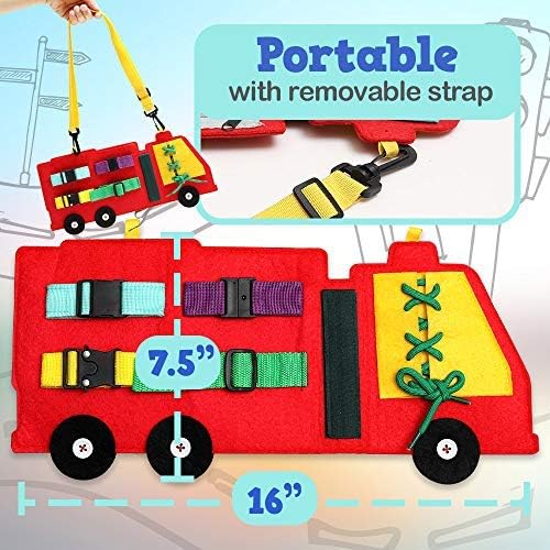 Busy Board for Toddlers 1-3 or 2-4, Firetruck Preschool Educational Early Learning Toy, Basic Life Skills and Fine Motor Montessori Activities for Kids, Learn to Dress Sensory Toy as Travel Game