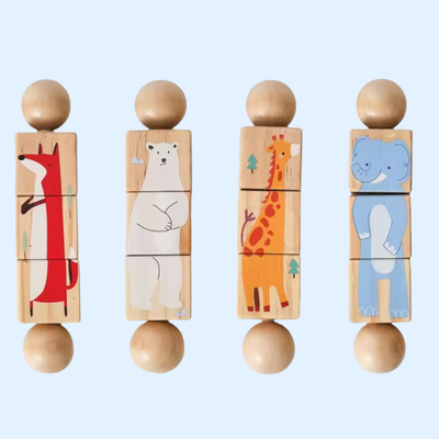 Fidtoy Spin & Match Animal Friends Wooden Puzzle Set for Babies Fine Motor Learning