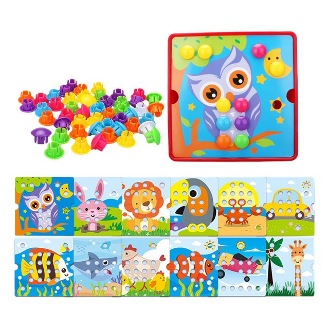 Fidtoy Button Art Matching Toy for Kids – Montessori Peg Board Mosaic Puzzle with Picture Cards