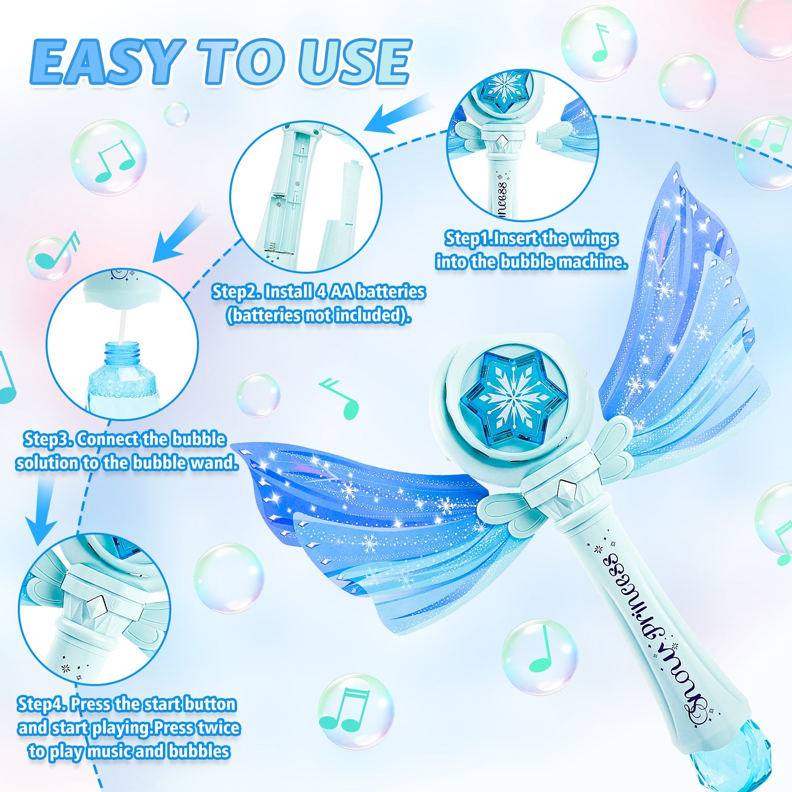 Magical Princess Bubble Wand with Wings Automatic Bubble Machine for Kids with Music Lights Indoor Outdoor Garden Adorable Toy for Kids
