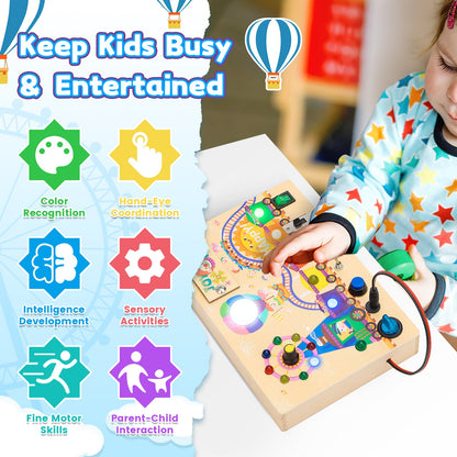 Montessori Wooden Busy Board -Light-Up Sensory Activity Toy for Toddlers, Fine Motor Skills Learning Toy for Ages 1-4, Travel-Friendly Fidget Board for Boys & Girls
