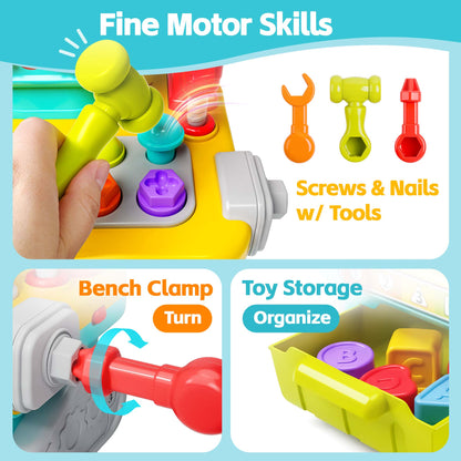 Toddler Musical Workbench Toys for One Year Old Boys, Baby Pretend Play Tool Set