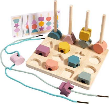 Wooden Montessori Shapes Stacking Sequence with Lacing - 194