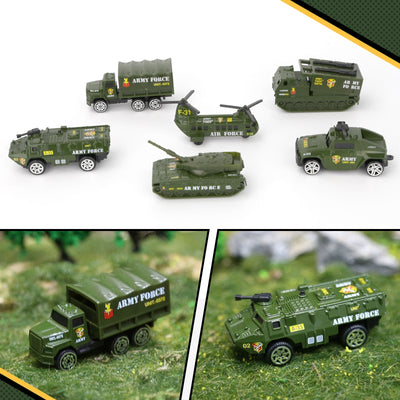 6PCS Diecast Military Vehicles Toy Set – Featuring Mini Tanks, Army Trucks and Helicopter Models for Kids