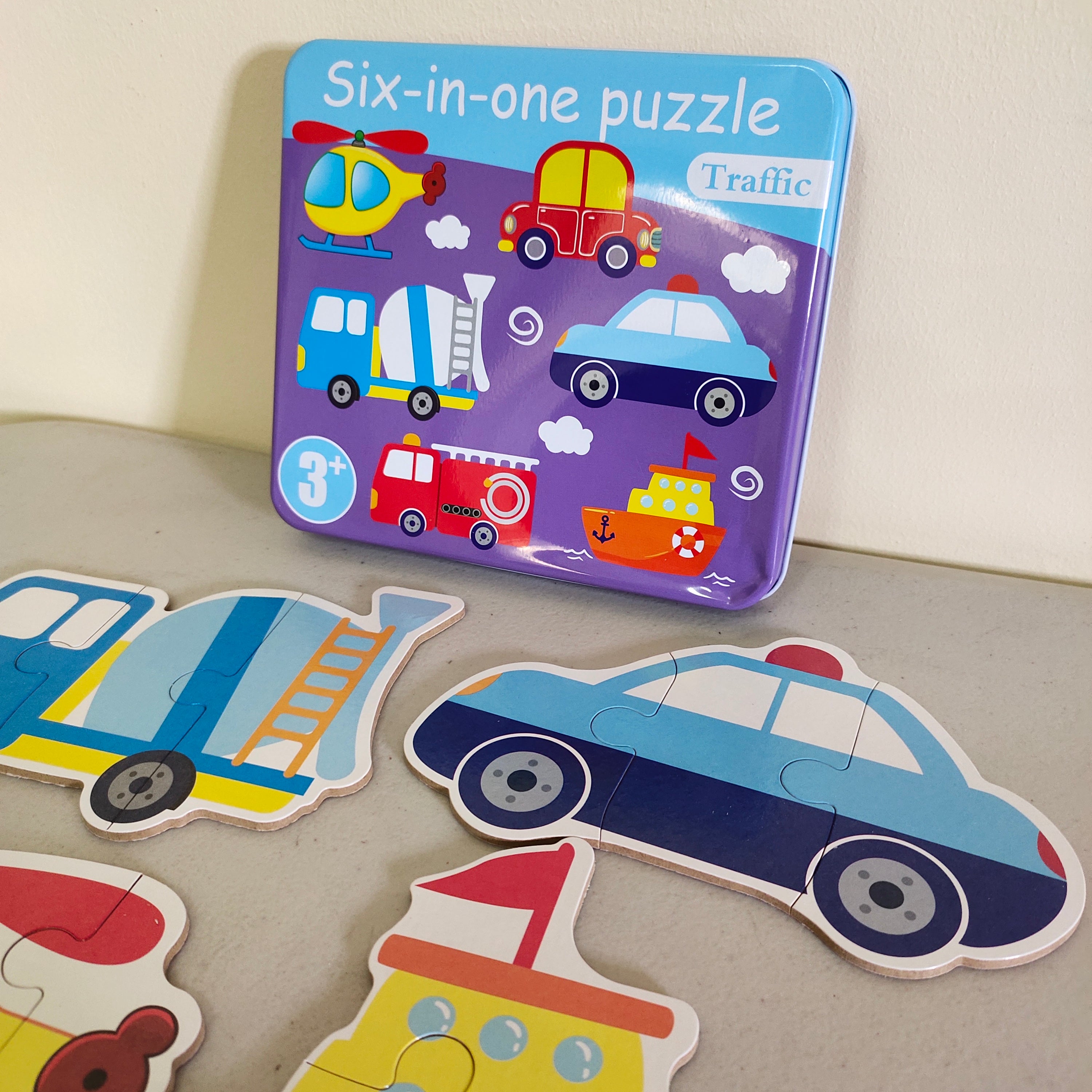 Fidtoy 6-in-1 Jigsaw Puzzle with Number Transport Tin Box for Kids, Transport Theme Number Recognition Puzzle Set, Progressive Toddler Learning Puzzle Age 2–6