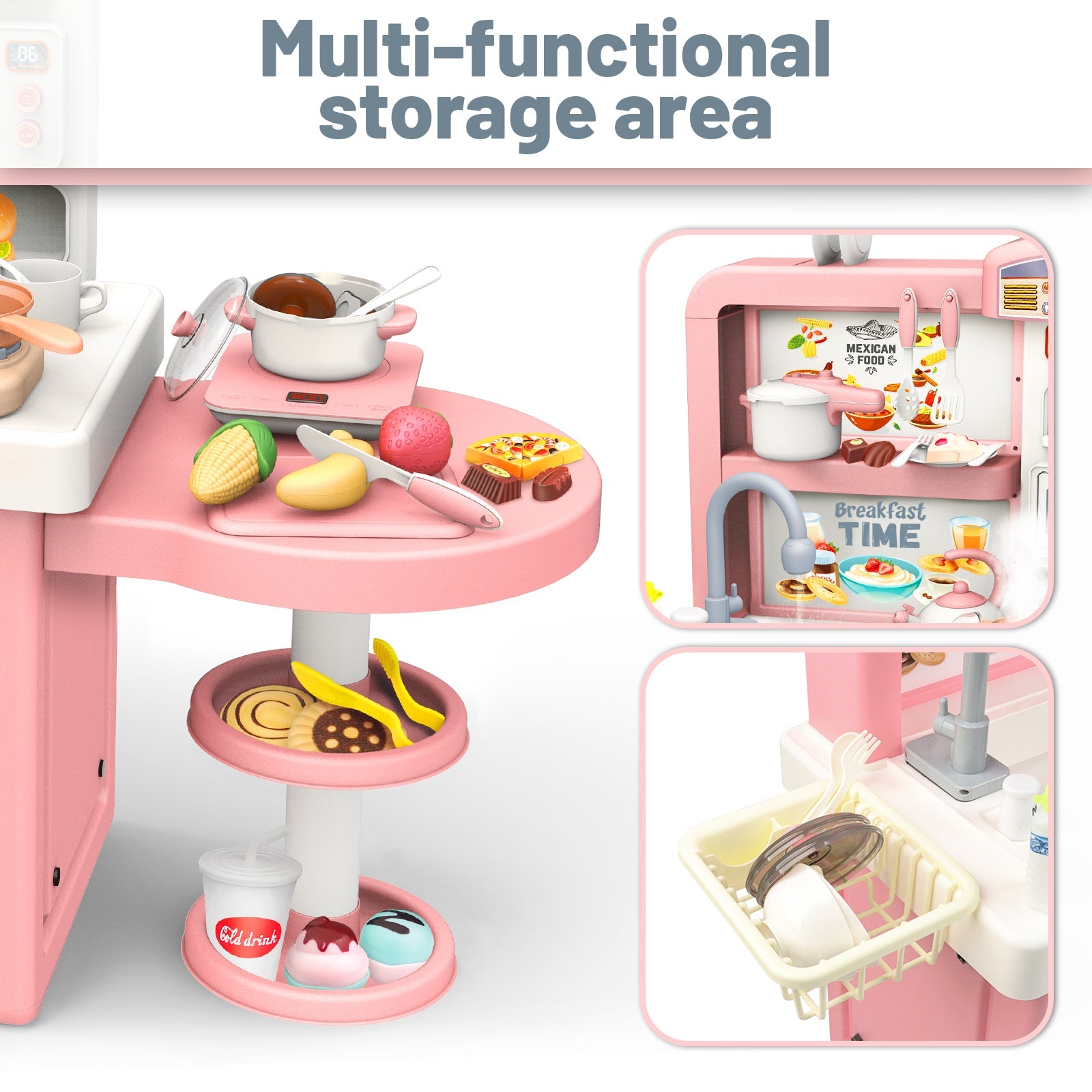 Juego de cocina de juguete de simulación para niños con luz y sonido, con placa de inducción, fregadero electrónico, cafetera, microondas y juguete de cocina para niños.