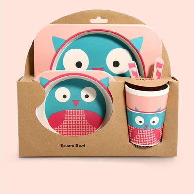Fidtoy Bamboo Dinnerware Set for Kids – 5 Piece Mealtime Set Plate Bowl Cup Spoon Fork for Toddlers