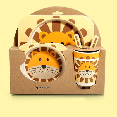 Fidtoy Bamboo Dinnerware Set for Kids – 5 Piece Mealtime Set Plate Bowl Cup Spoon Fork for Toddlers