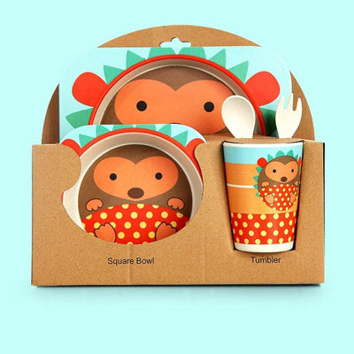 Fidtoy Bamboo Dinnerware Set for Kids – 5 Piece Mealtime Set Plate Bowl Cup Spoon Fork for Toddlers