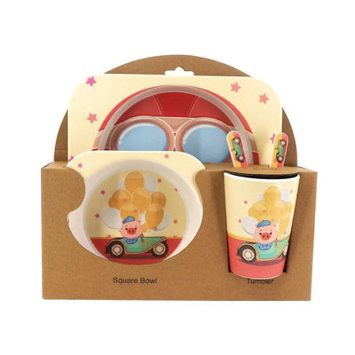 Fidtoy Bamboo Dinnerware Set for Kids – 5 Piece Mealtime Set Plate Bowl Cup Spoon Fork for Toddlers
