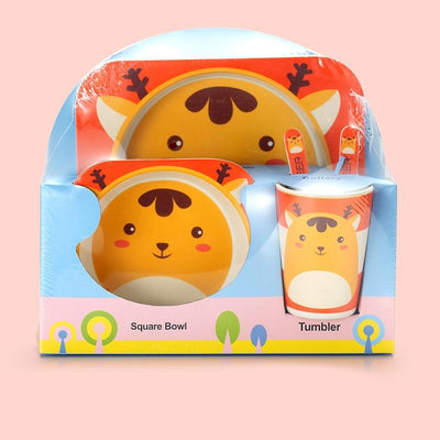 Fidtoy Bamboo Dinnerware Set for Kids – 5 Piece Mealtime Set Plate Bowl Cup Spoon Fork for Toddlers