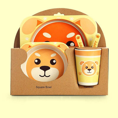 Fidtoy Bamboo Dinnerware Set for Kids – 5 Piece Mealtime Set Plate Bowl Cup Spoon Fork for Toddlers