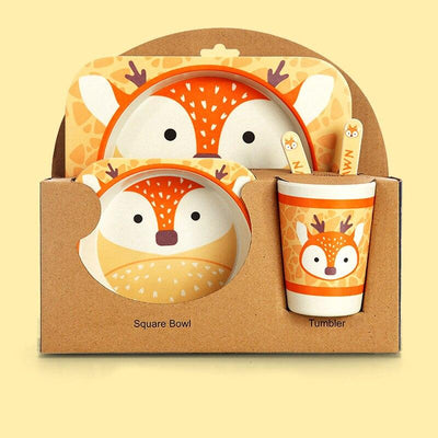 Fidtoy Bamboo Dinnerware Set for Kids – 5 Piece Mealtime Set Plate Bowl Cup Spoon Fork for Toddlers