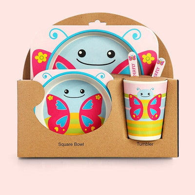 Fidtoy Bamboo Dinnerware Set for Kids – 5 Piece Mealtime Set Plate Bowl Cup Spoon Fork for Toddlers