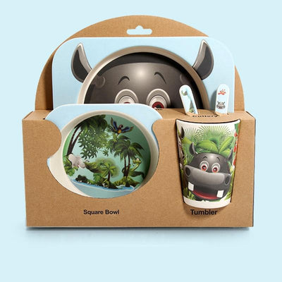 Fidtoy Bamboo Dinnerware Set for Kids – 5 Piece Mealtime Set Plate Bowl Cup Spoon Fork for Toddlers
