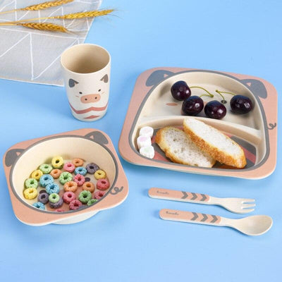 Fidtoy Bamboo Dinnerware Set for Kids – 5 Piece Mealtime Set Plate Bowl Cup Spoon Fork for Toddlers