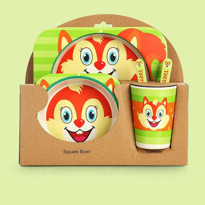 Fidtoy Bamboo Dinnerware Set for Kids – 5 Piece Mealtime Set Plate Bowl Cup Spoon Fork for Toddlers