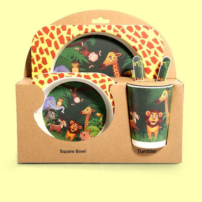 Fidtoy Bamboo Dinnerware Set for Kids – 5 Piece Mealtime Set Plate Bowl Cup Spoon Fork for Toddlers