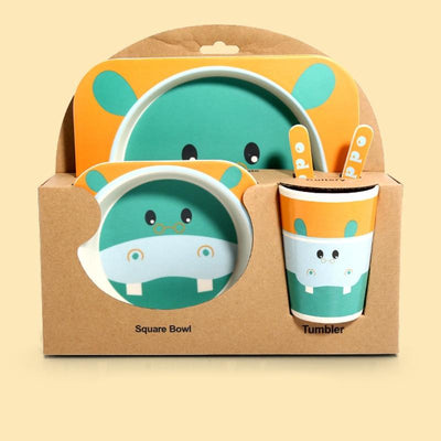 Fidtoy Bamboo Dinnerware Set for Kids – 5 Piece Mealtime Set Plate Bowl Cup Spoon Fork for Toddlers